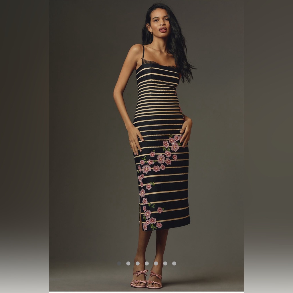 Maeve Slim Black Stripe Floral Midi Dress